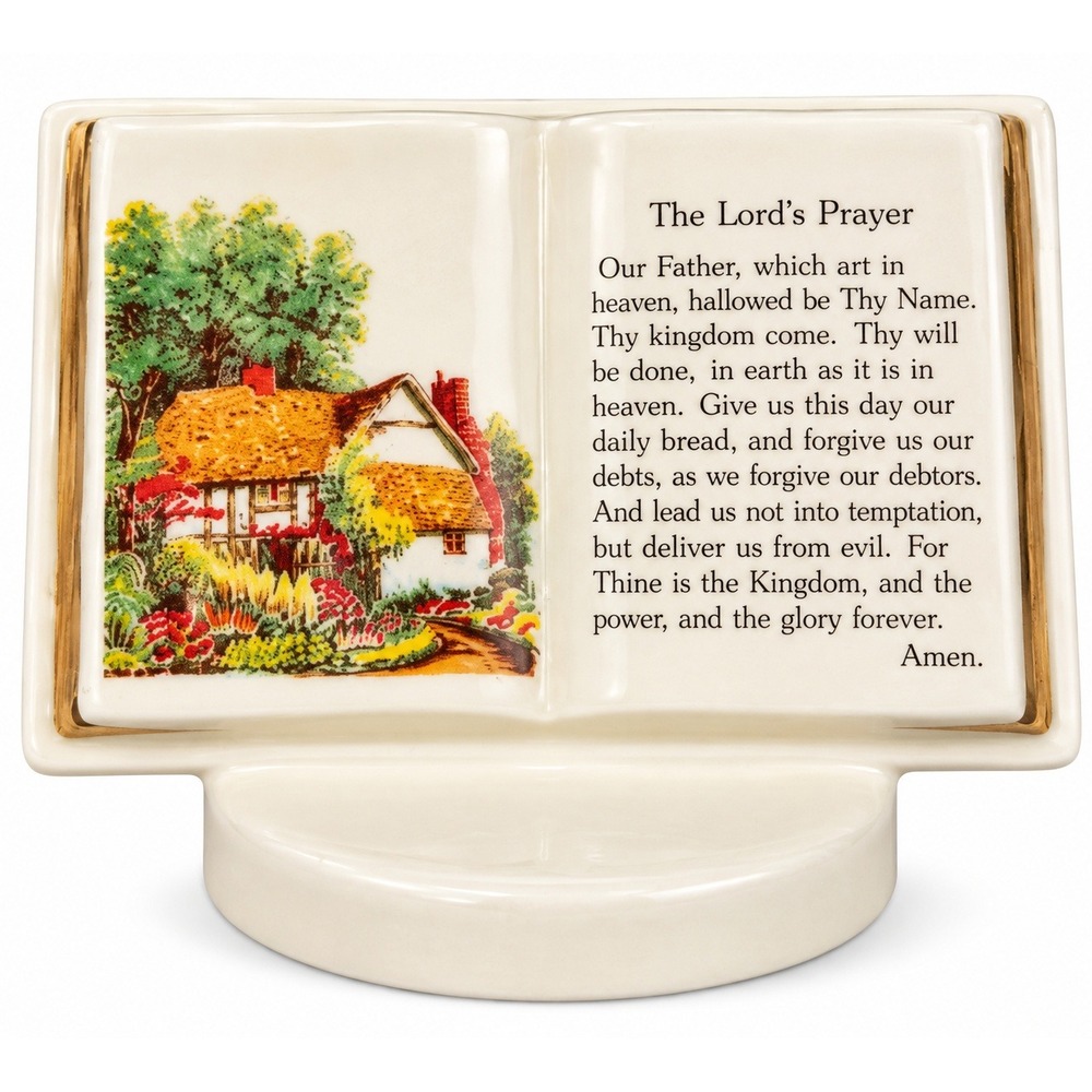 Vintage 1955 Ceramic Book Figurine The Lords Prayer Cottage Scene Gold Trim